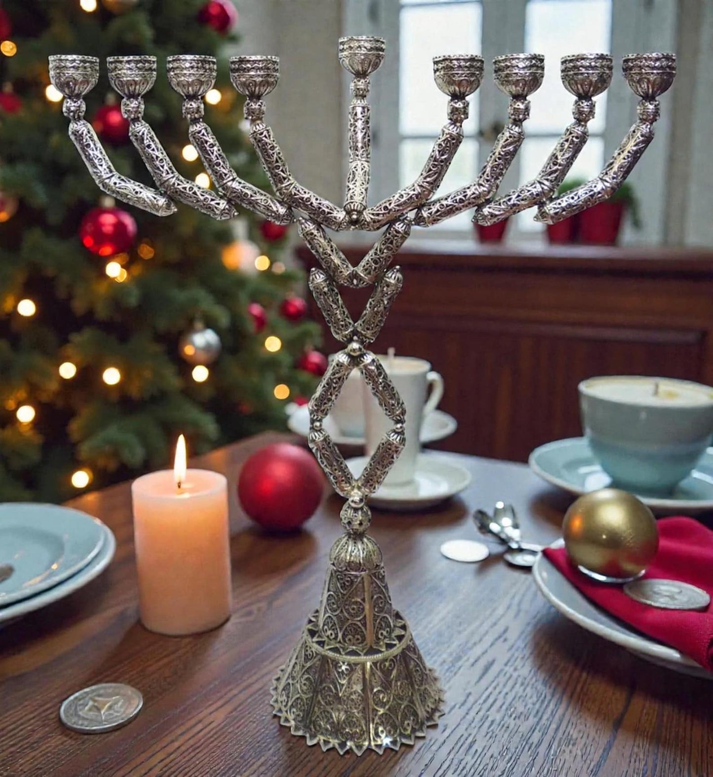 Sterling Silver Yemenite Filigree Big Menorah Handcrafted Judaica