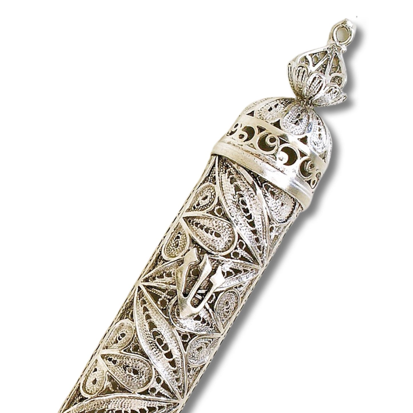 Sterling Silver Flower Mezuzah case, handmade Yemenite filigree Art