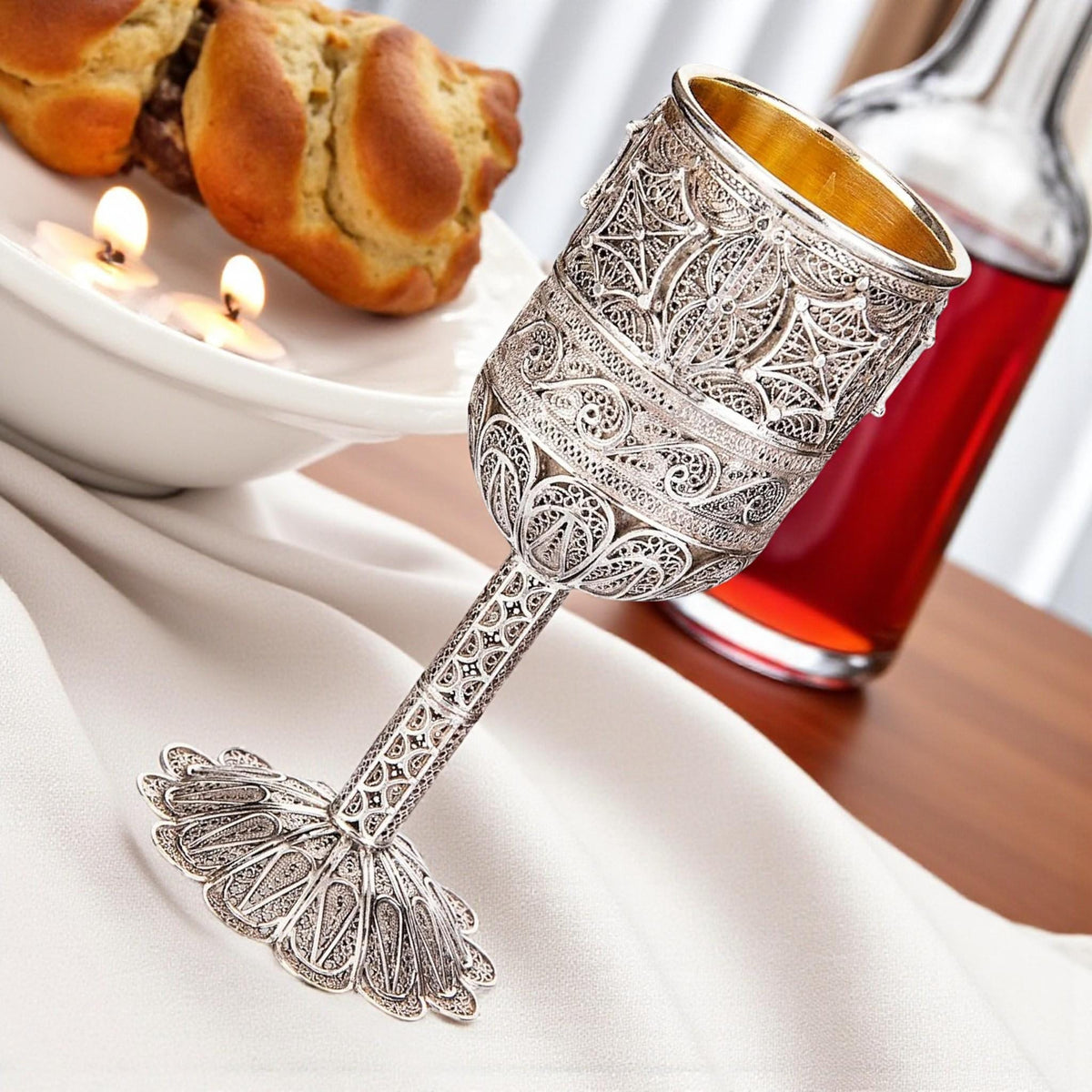 Coupe de Kiddouch à pied en filigrane yéménite en argent sterling | Intérieur plaqué or 24 carats