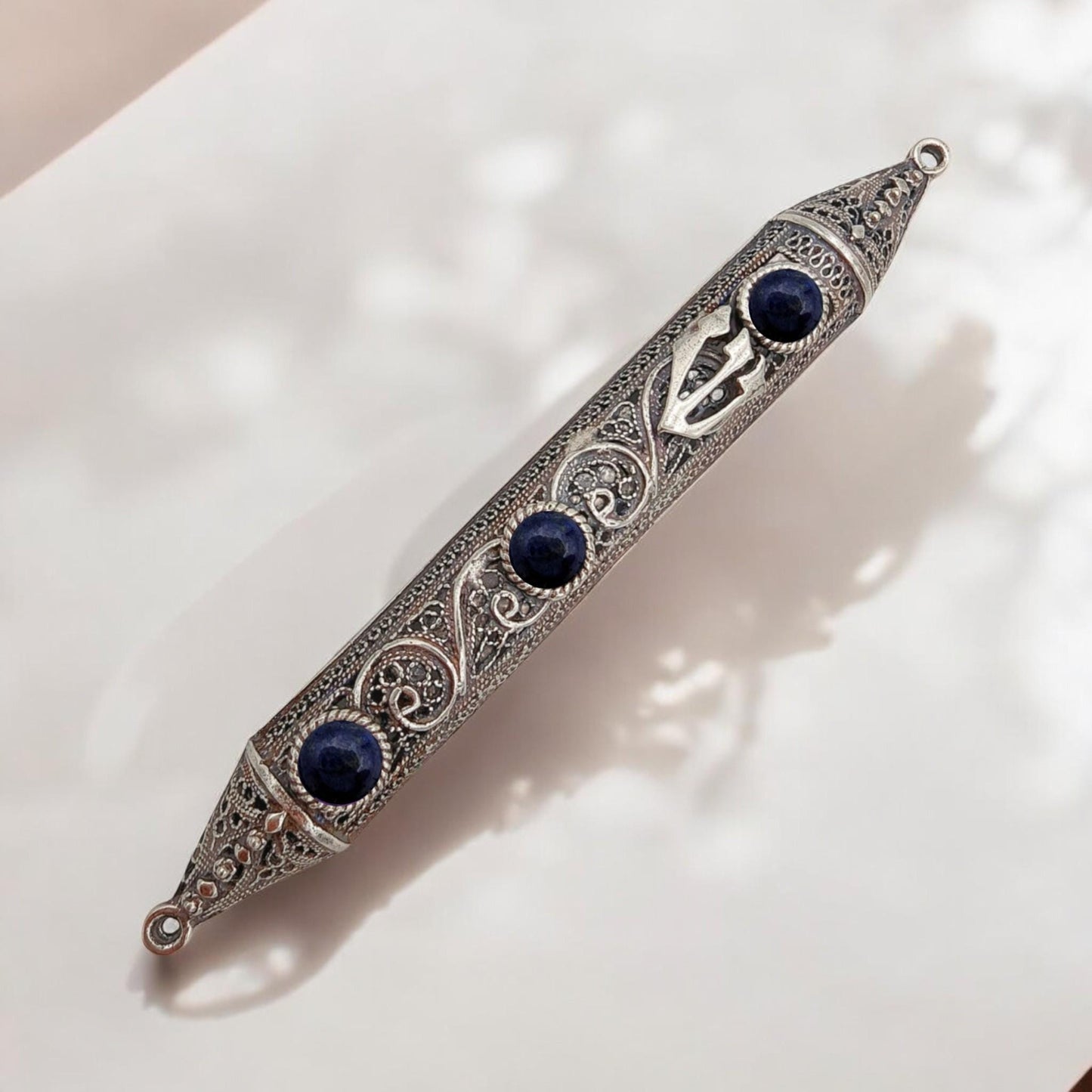 Sterling Silver Yemenite Filigree Mezuzah Case with Gemstones