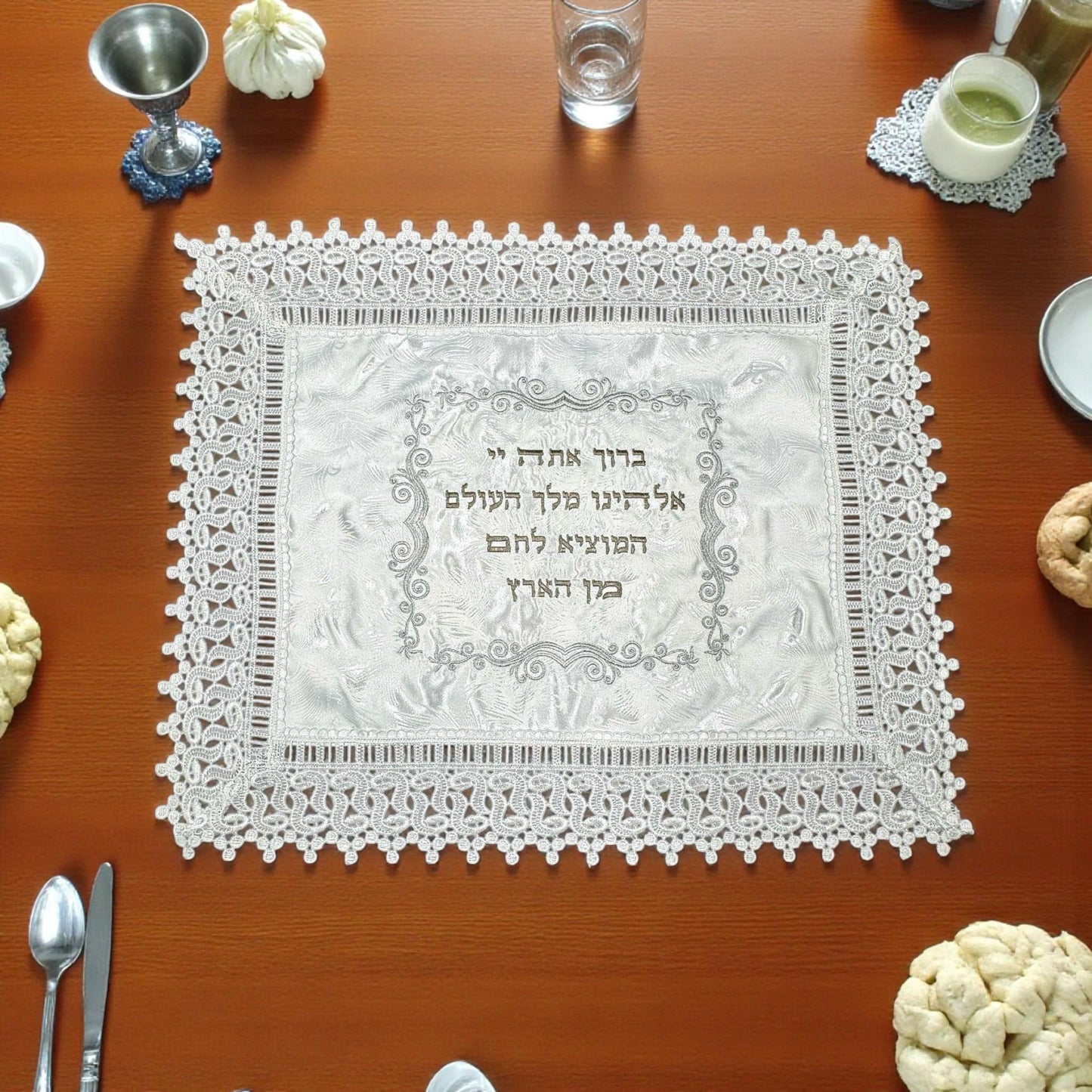 White Linen Challah Cover Lace with Hebrew Blessing