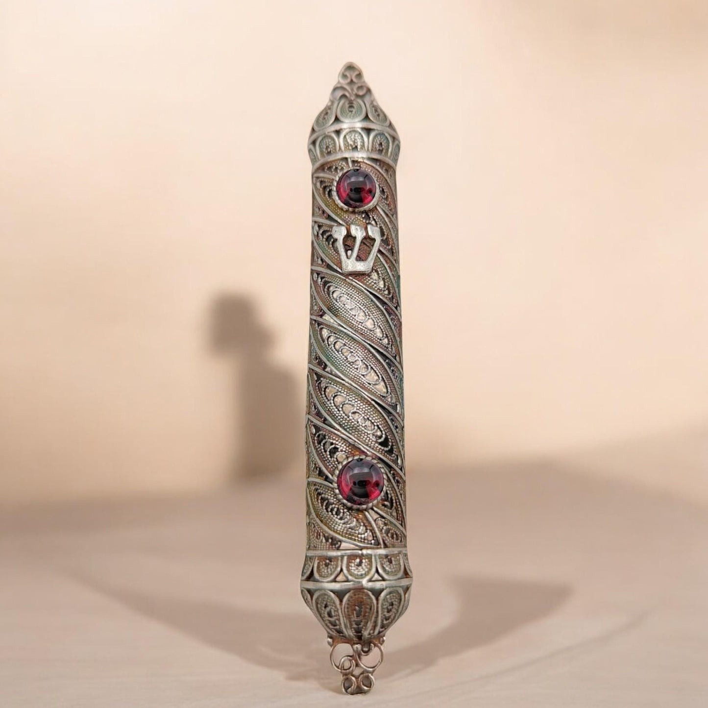 Sterling Silver Yemenite Filigree Mezuzah Case with Gemstones |Jewish Wedding Gift