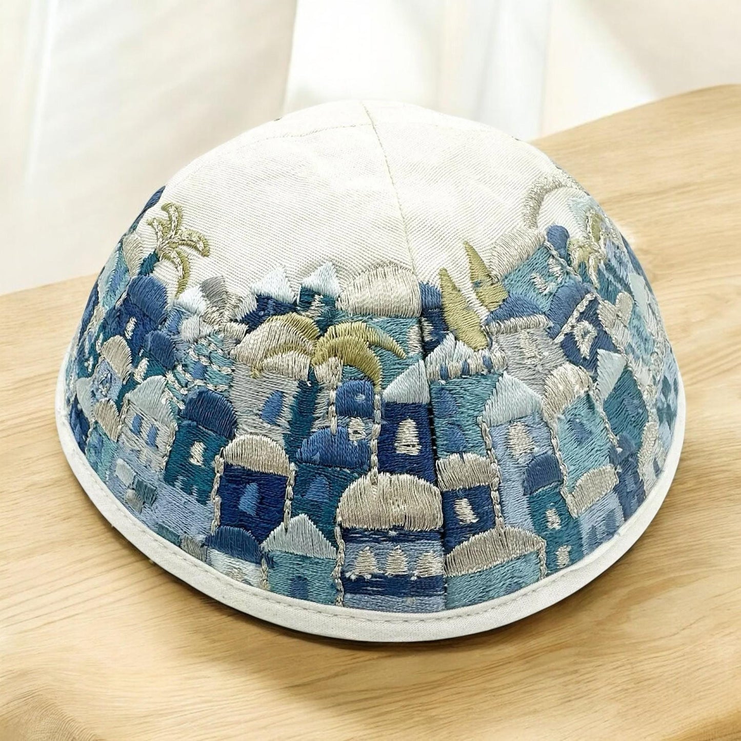 Blue 17cm Jerusalem Embroidered Cotton Kippah