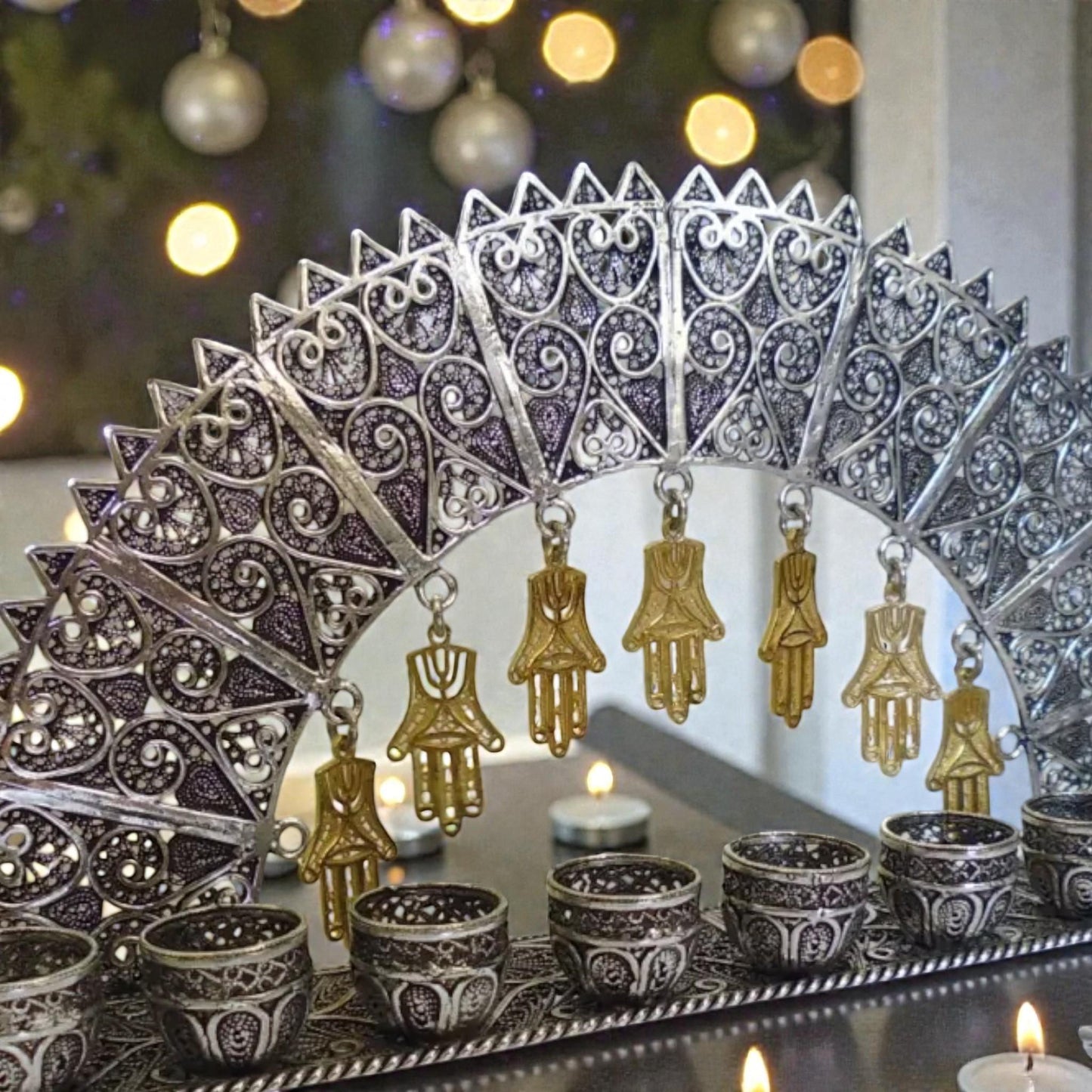 Sterling Silver Yemenite Filigree Menorah | Handcrafted Judaica | Elegant Hanukkah Candle Holder