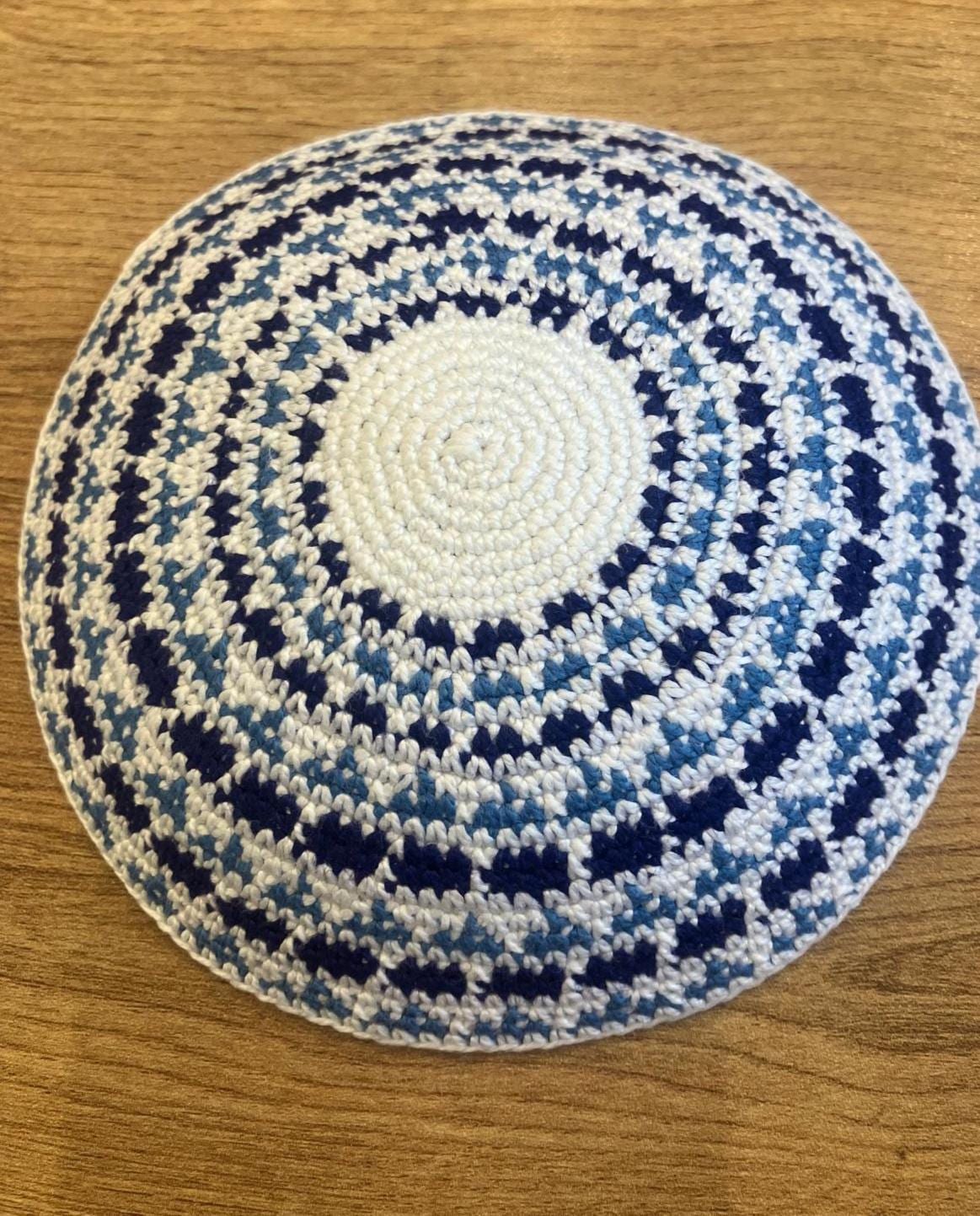 Blue/White Cotton Knitted Kippah | 14cm Handmade Jewish Yarmulke