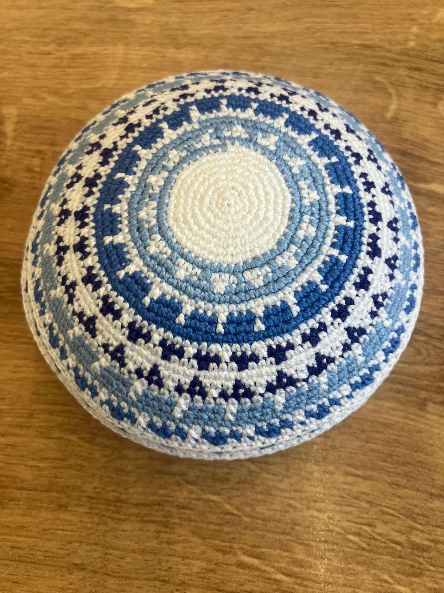 White, Blue, & Light Blue Cotton Knitted Kippah | 11cm Handmade Jewish Kippah