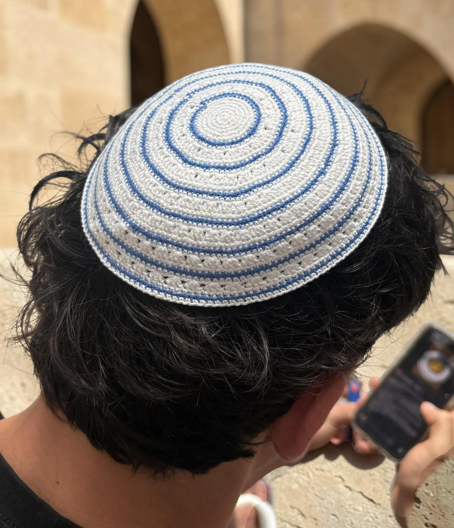 White and Blue Circle 17cm Knitted Cotton Kippah