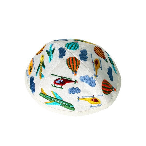 Blue/White Aircraft Embroidered Kids Kippah