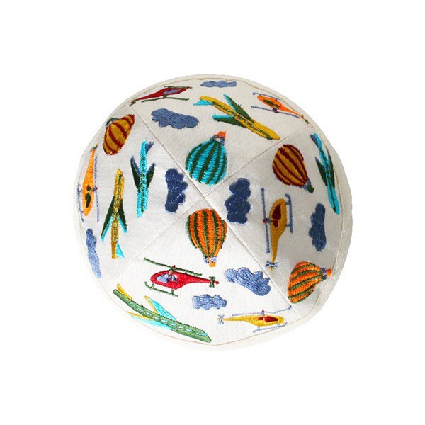 Blue/White Aircraft Embroidered Kids Kippah