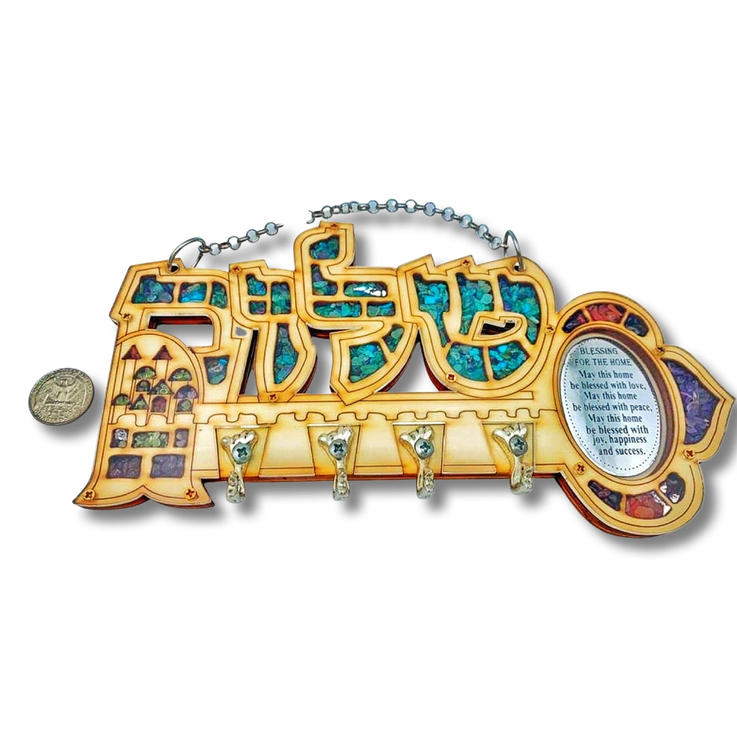Wood key Hanger Home Blessing (Shalom/Peace Design)
