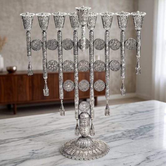Big Yemenite Filigree Hanukkah Menorah | Handcrafted Jewish Hanukkiah | Elegant Judaica Gift