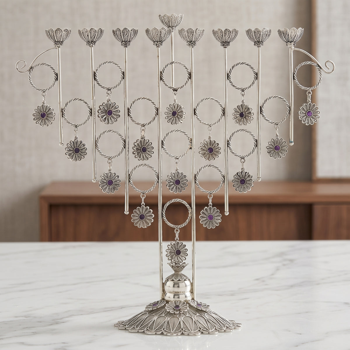 Big Yemenite Filigree Menorah with Crystals