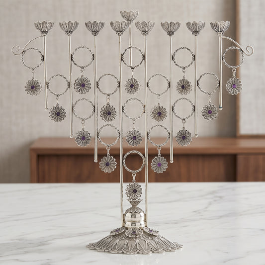 Big Yemenite Filigree Menorah with Crystals