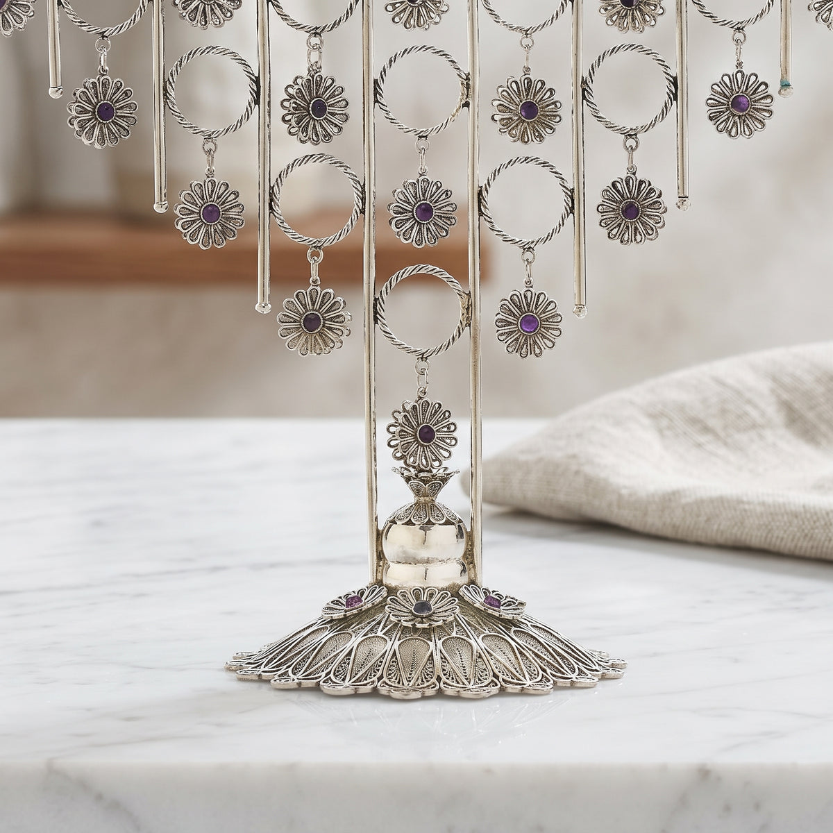 Big Yemenite Filigree Menorah with Crystals