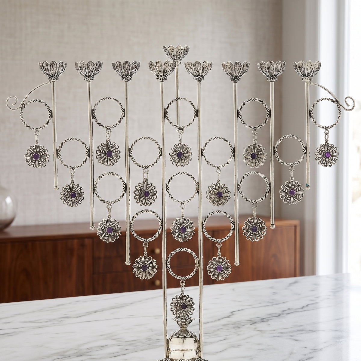 Big Yemenite Filigree Menorah with Crystals