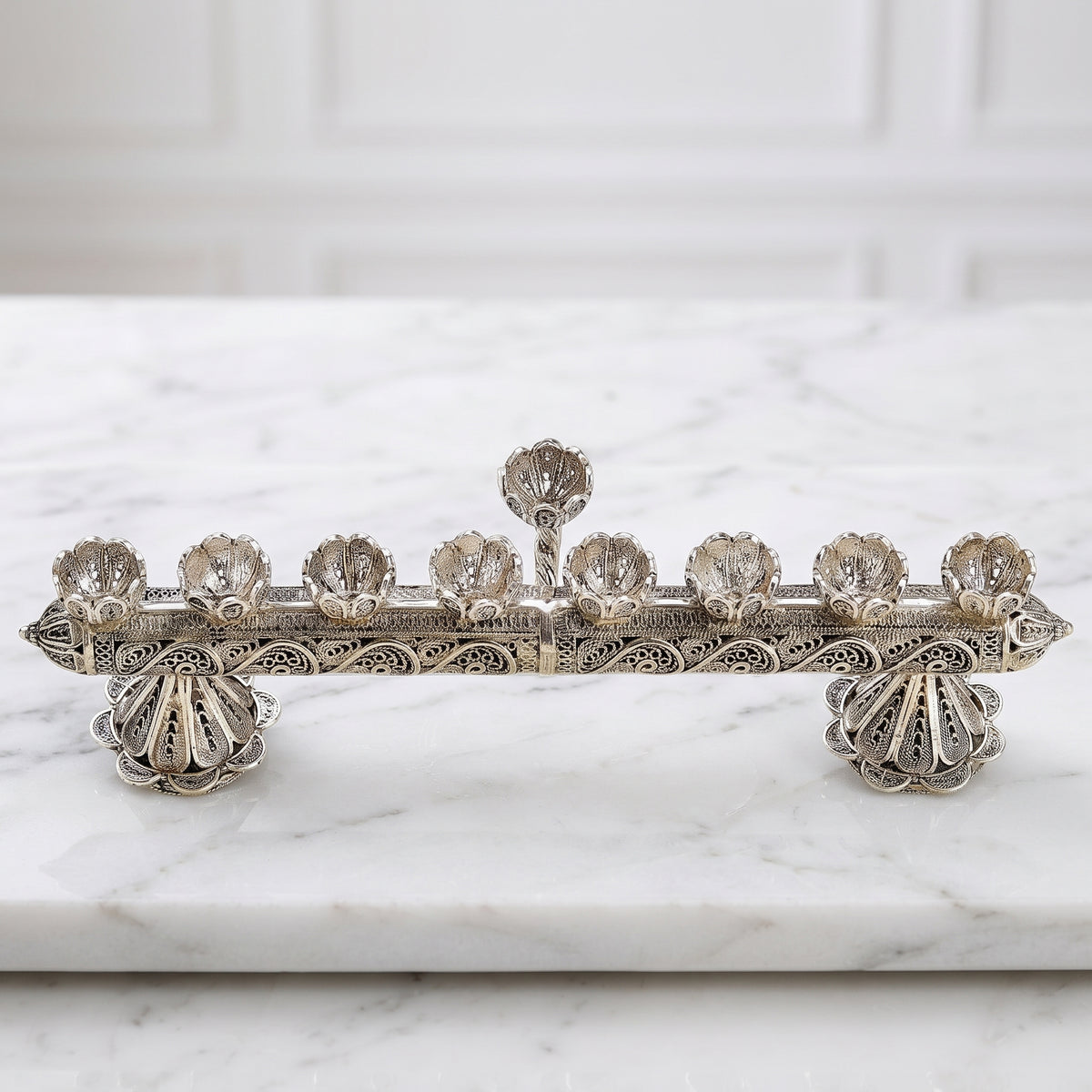 Yemenite Filigree 2-in-1 Hanukkah Menorah & Shabbat Candlesticks
