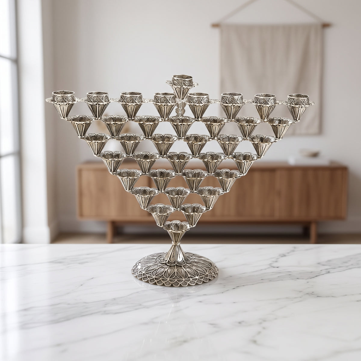 Elegant Sterling Silver Yemenite Filigree Hanukkah Menorah