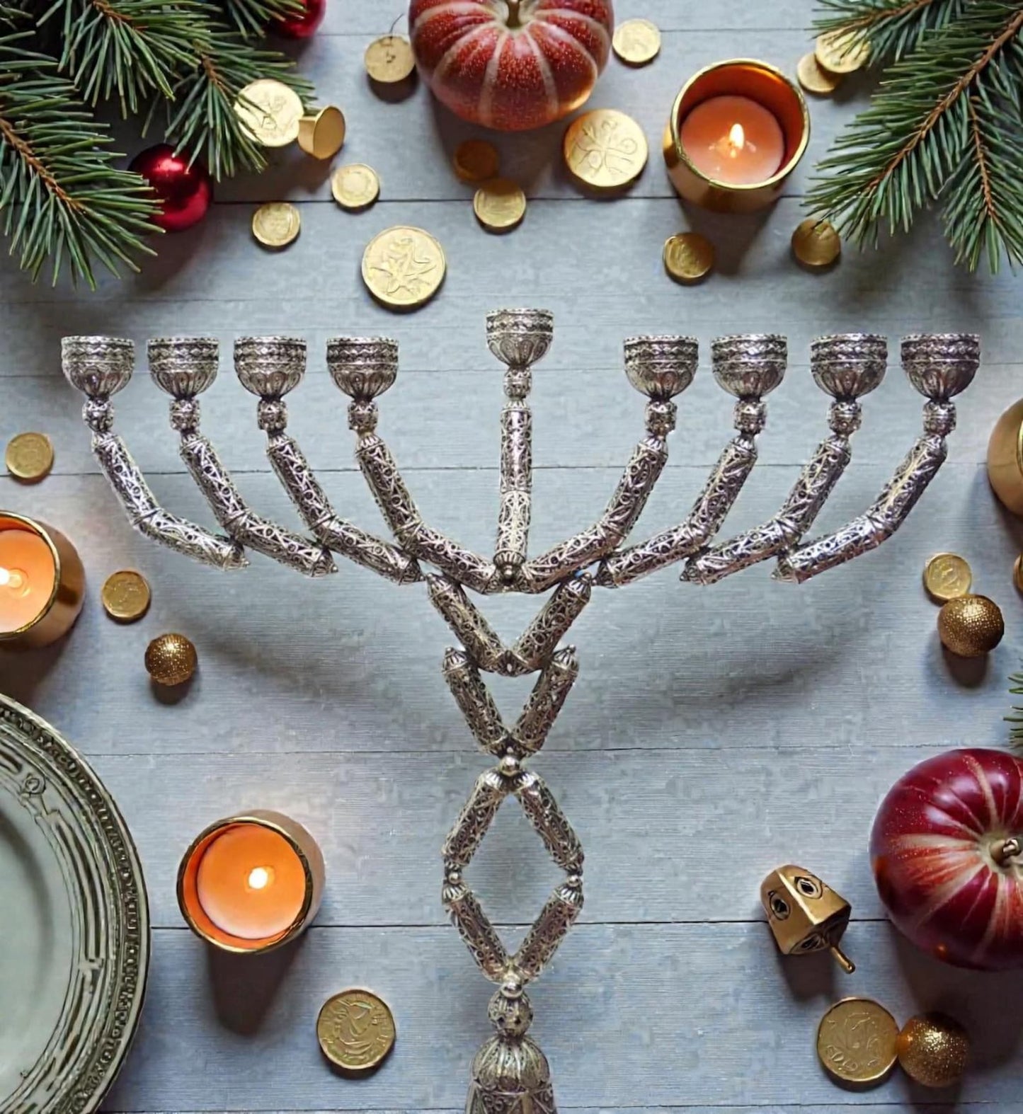 Sterling Silver Yemenite Filigree Big Menorah Handcrafted Judaica