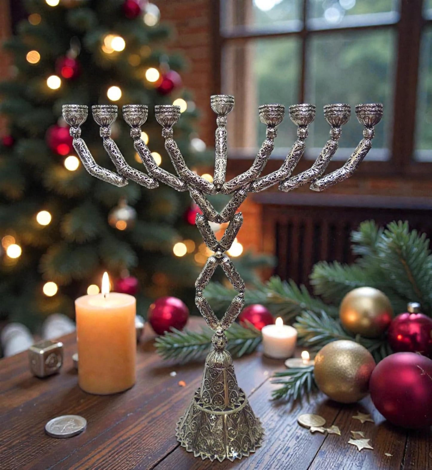 Sterling Silver Yemenite Filigree Big Menorah Handcrafted Judaica