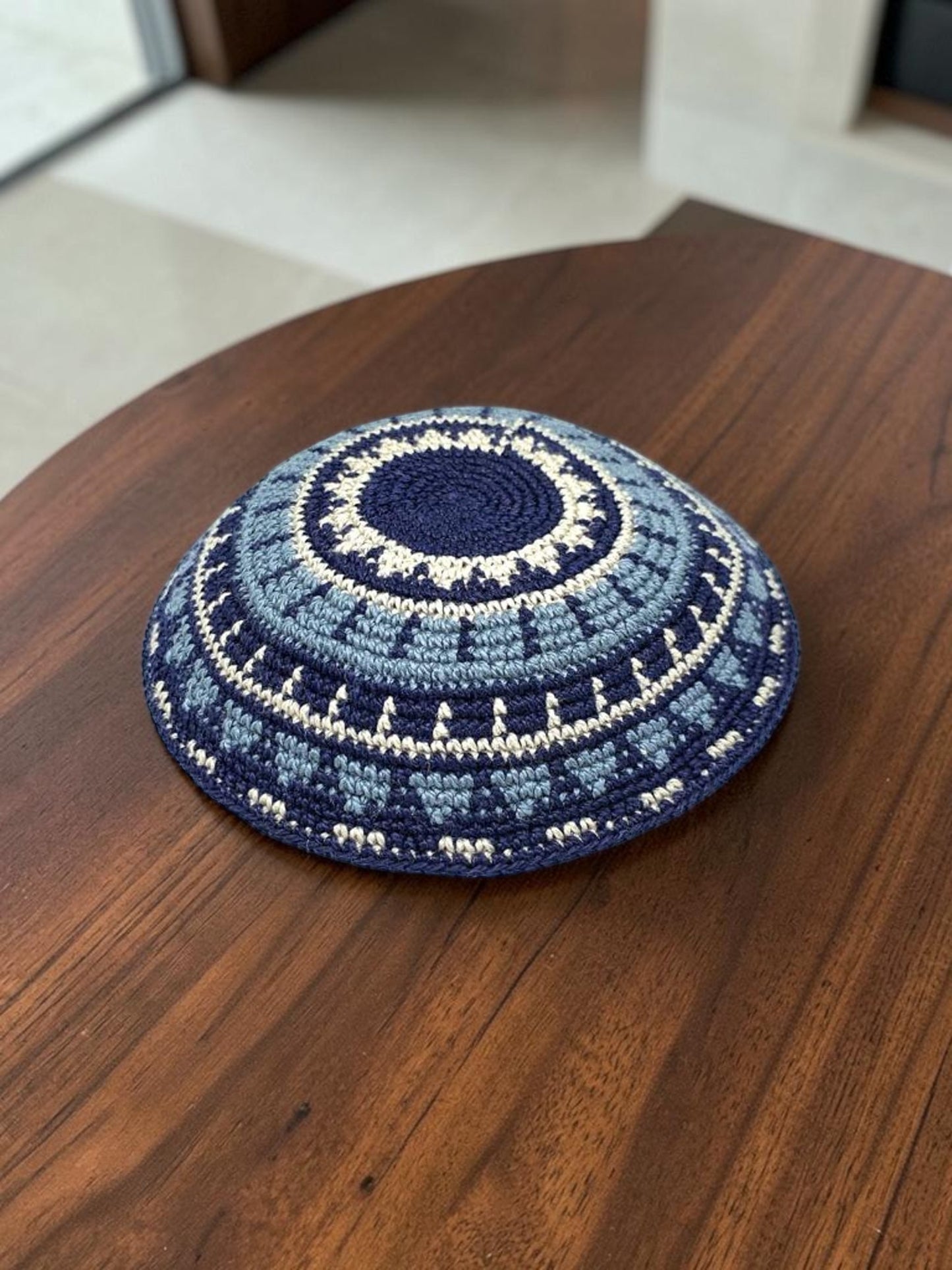 White, Blue, & Light Blue 14cm Cotton Knitted Kippah