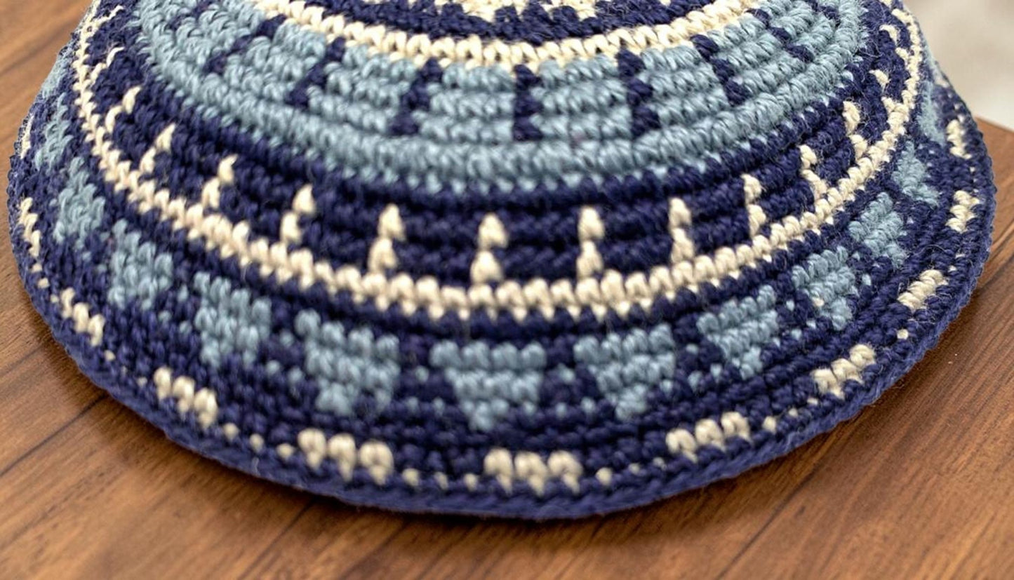 White, Blue, & Light Blue 14cm Cotton Knitted Kippah