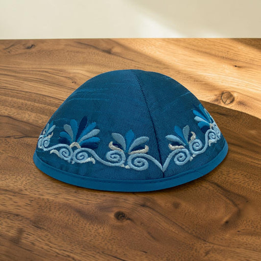 Dark Blue Embroidered Pattern Kippah