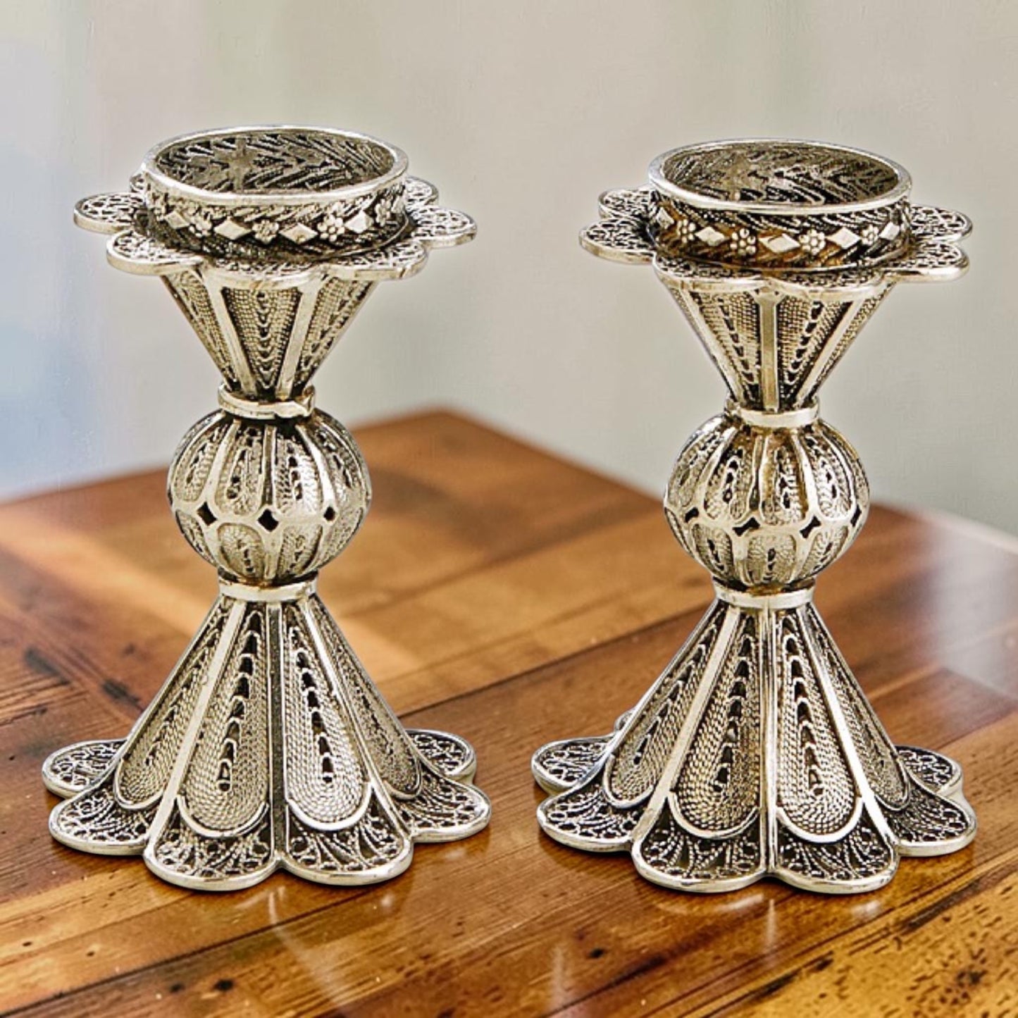 Mini Sterling Silver Yemenite Filigree Shabbat Candle Holders