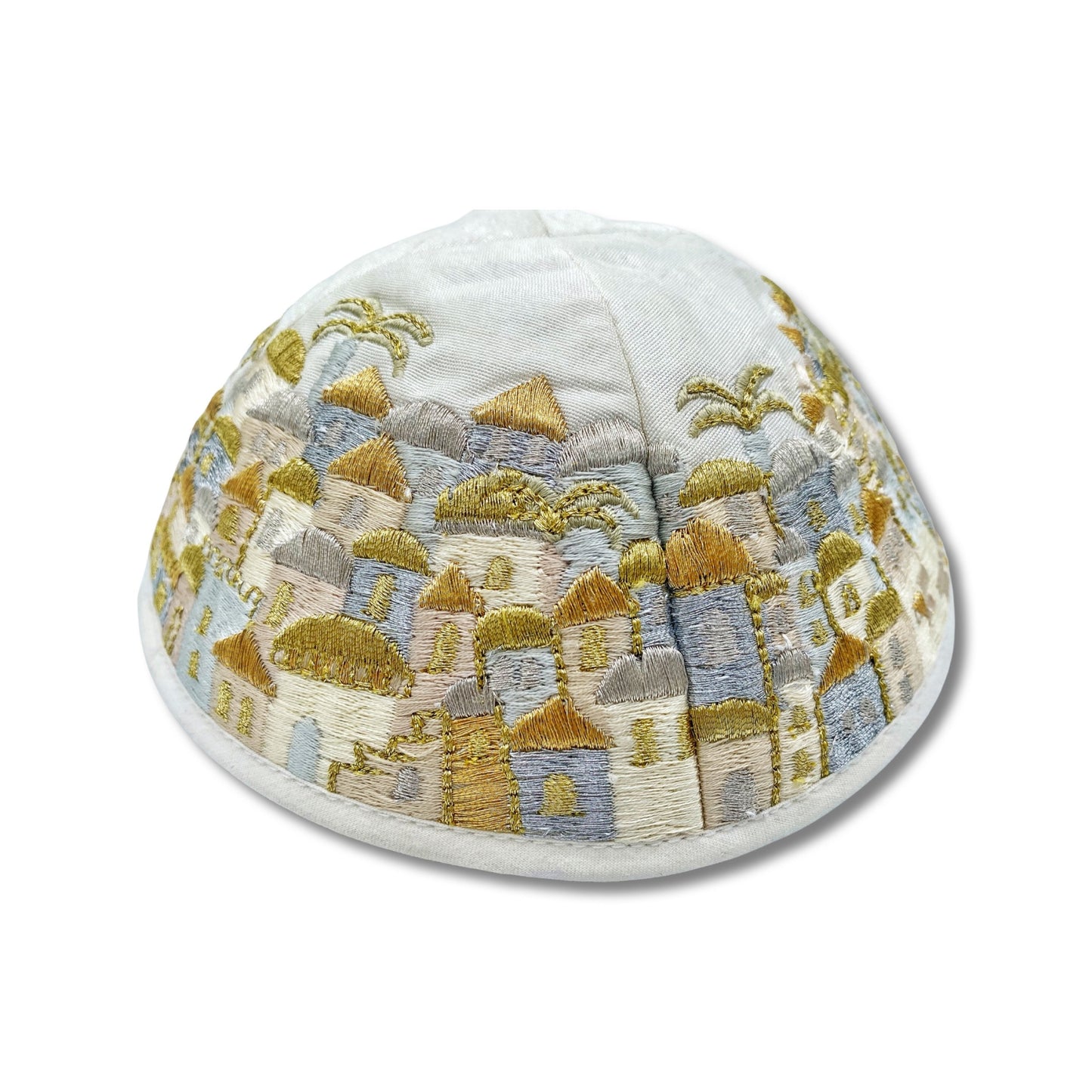 Gold & White Jerusalem Embroidered Kippah Jewish yarmulke
