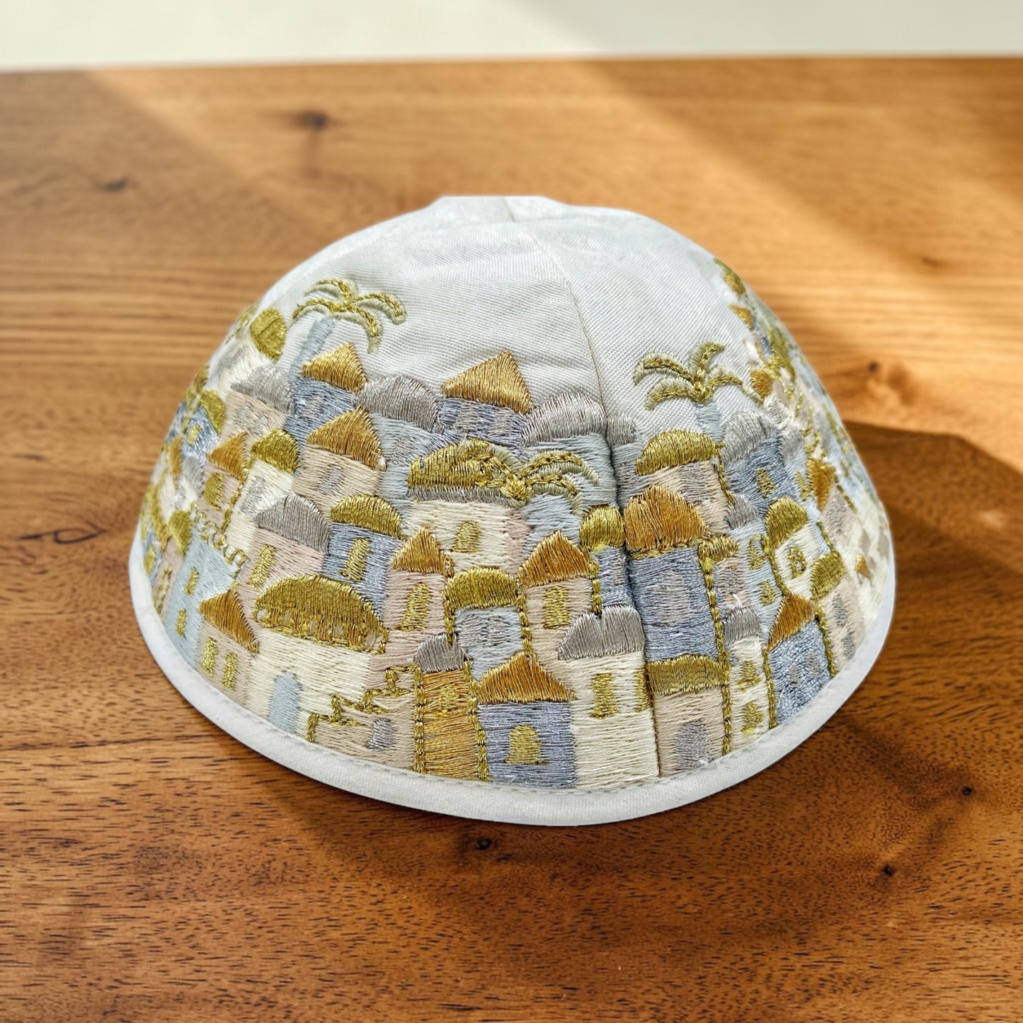 Gold & White Jerusalem Embroidered Kippah