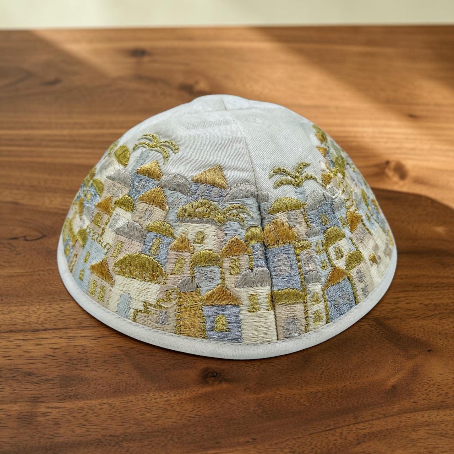 Gold & White Jerusalem Embroidered Kippah