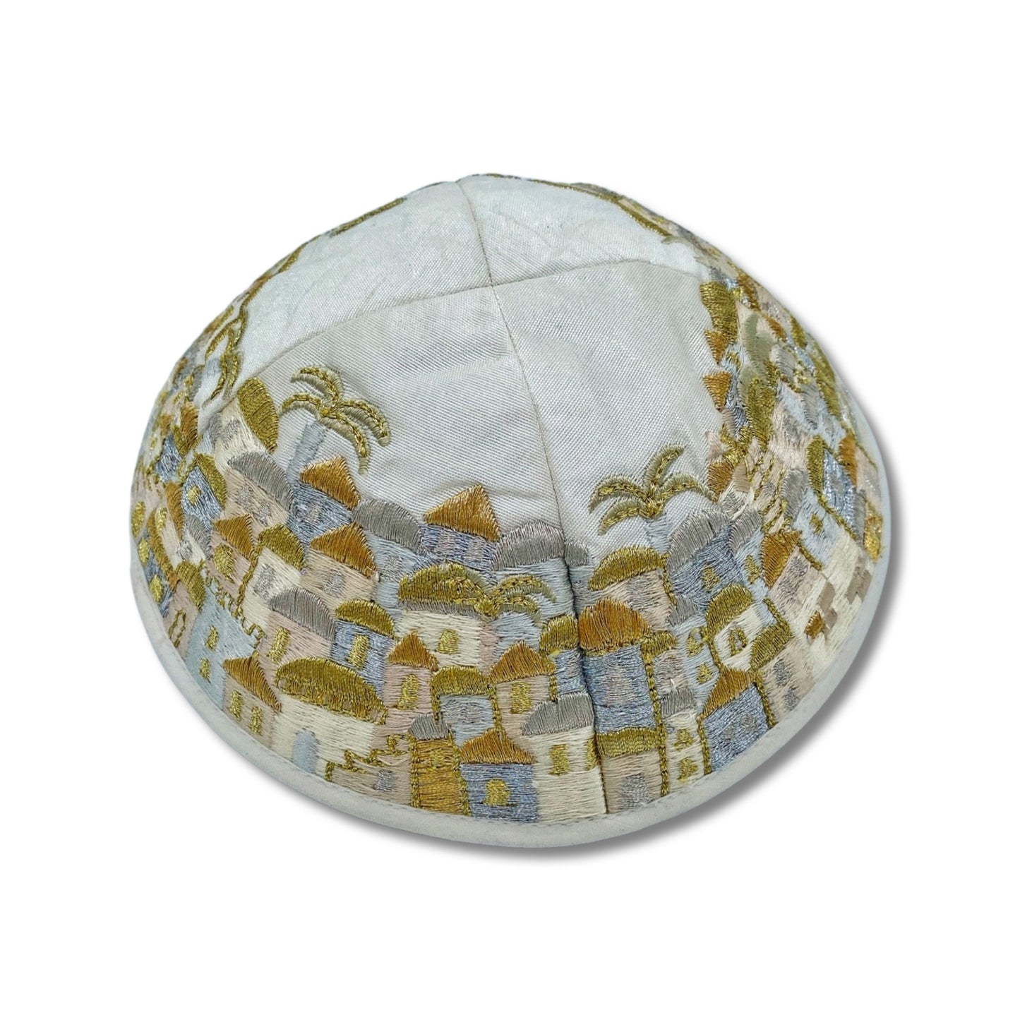 Gold & White Jerusalem Embroidered Kippah Jewish yarmulke
