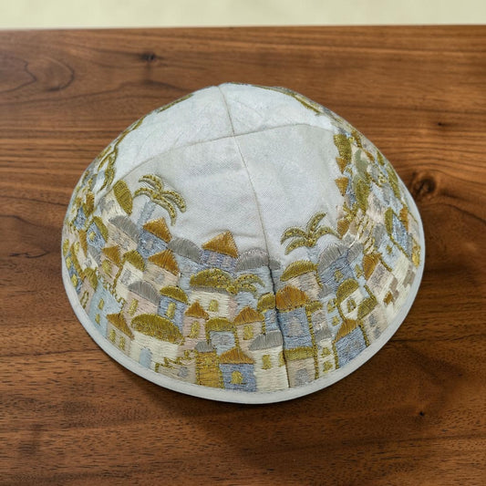 Gold & White Jerusalem Embroidered Kippah