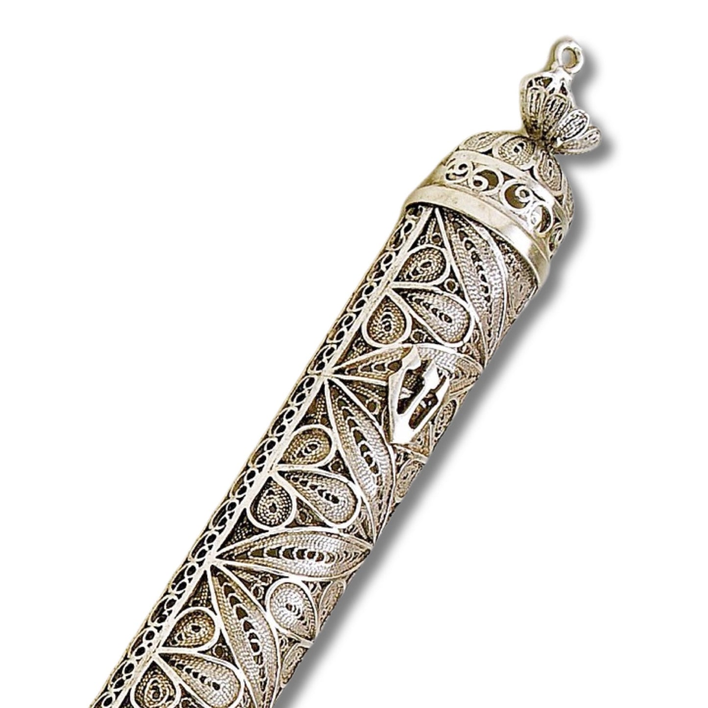 Sterling Silver Flower Mezuzah case, handmade Yemenite filigree Art