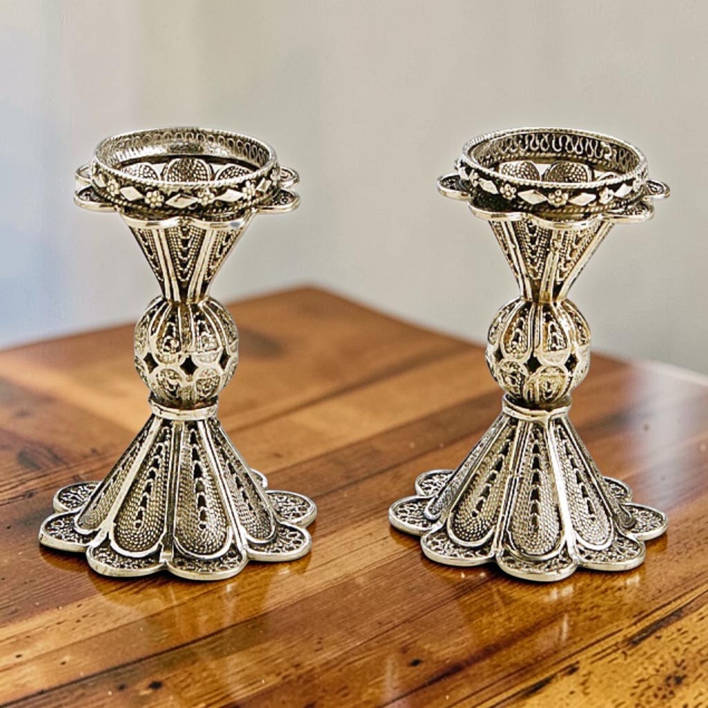 Mini Sterling Silver Yemenite Filigree Shabbat Candle Holders