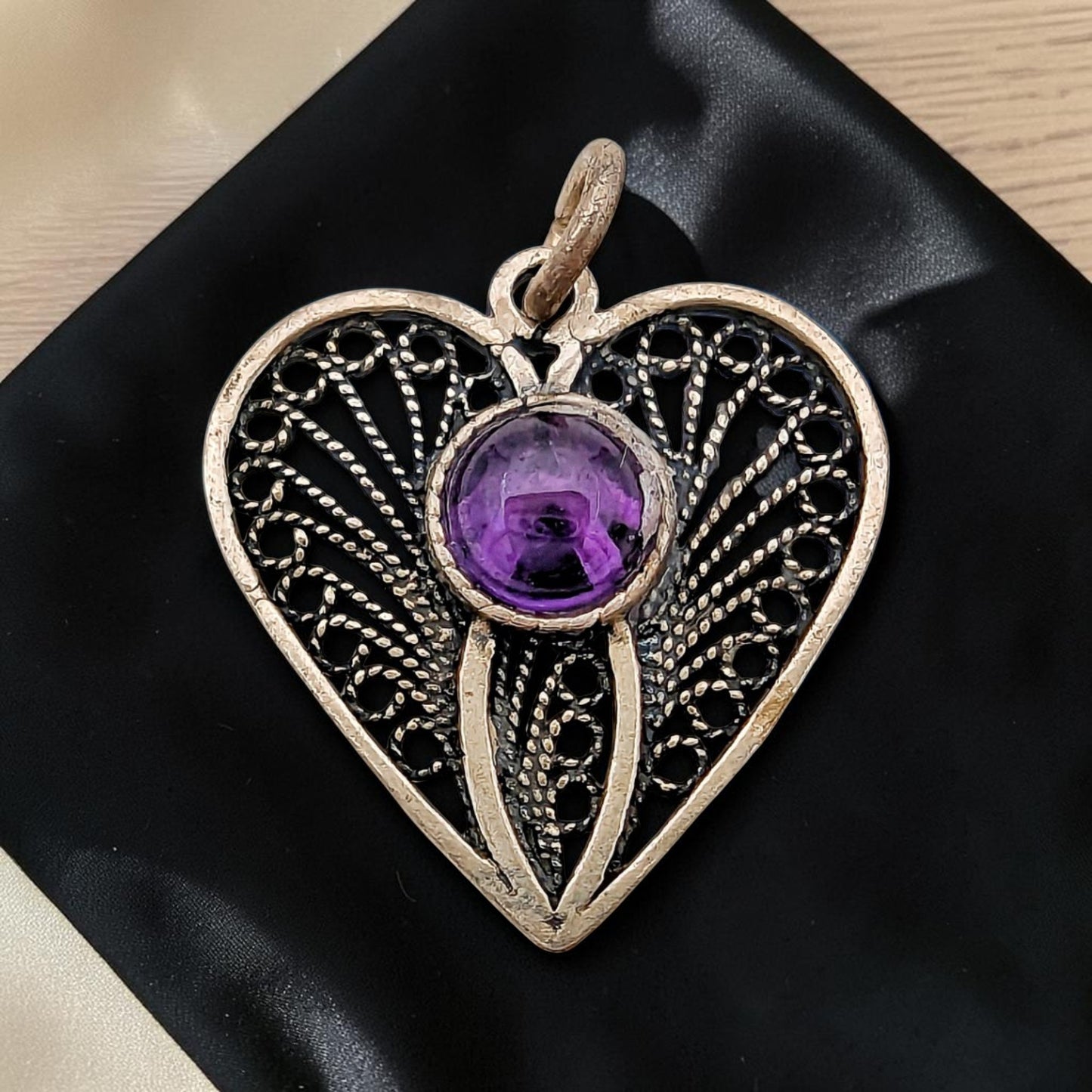 Sterling Silver Filigree Heart Necklace with Gemstone