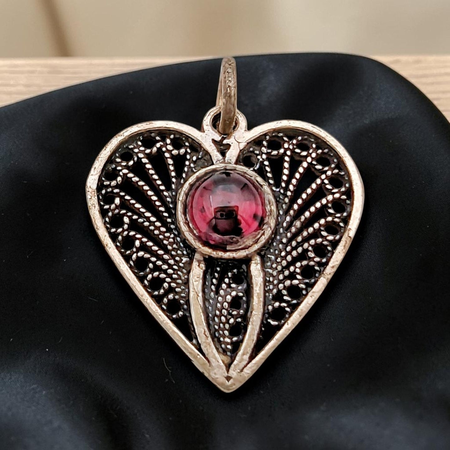 Sterling Silver Filigree Heart Necklace with Gemstone