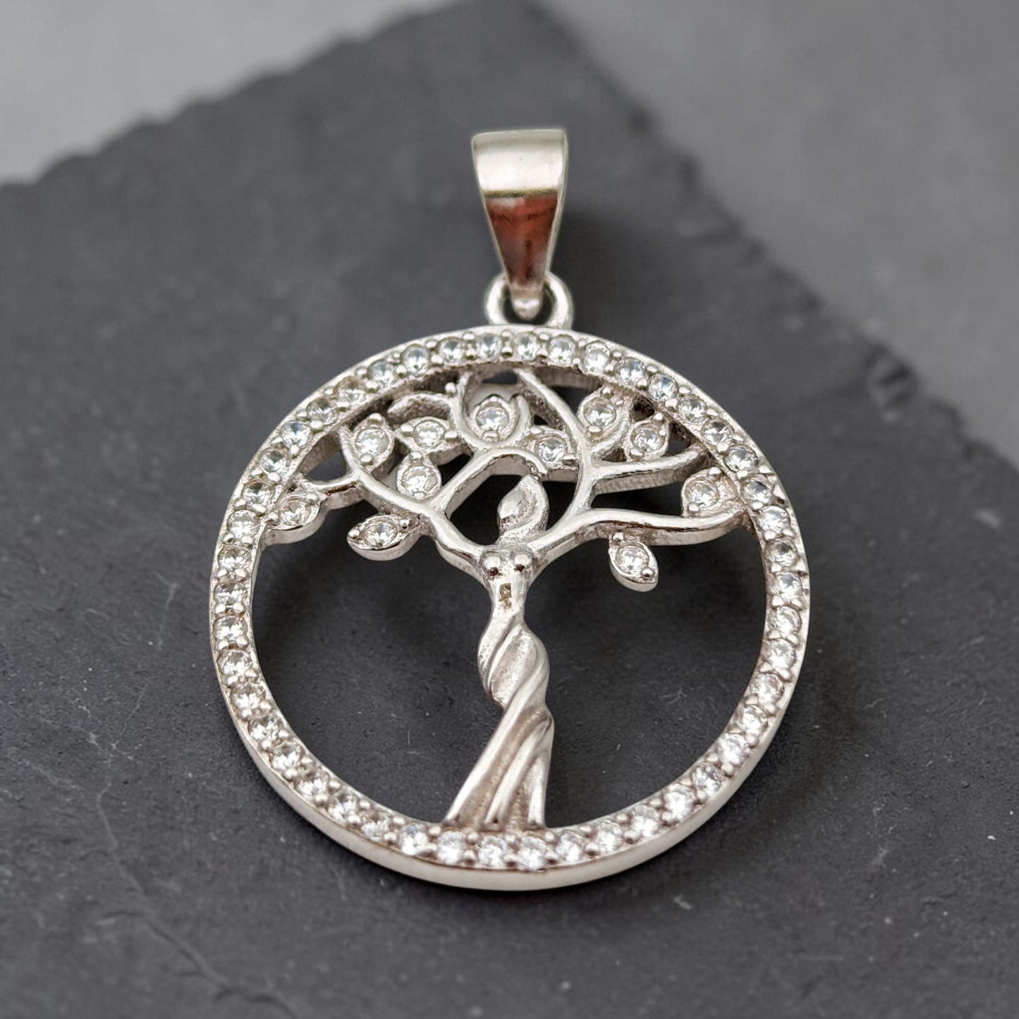 Sterling Silver Tree of Life Necklace with Quartz Crystals