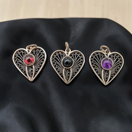 Sterling Silver Filigree Heart Necklace with Gemstone