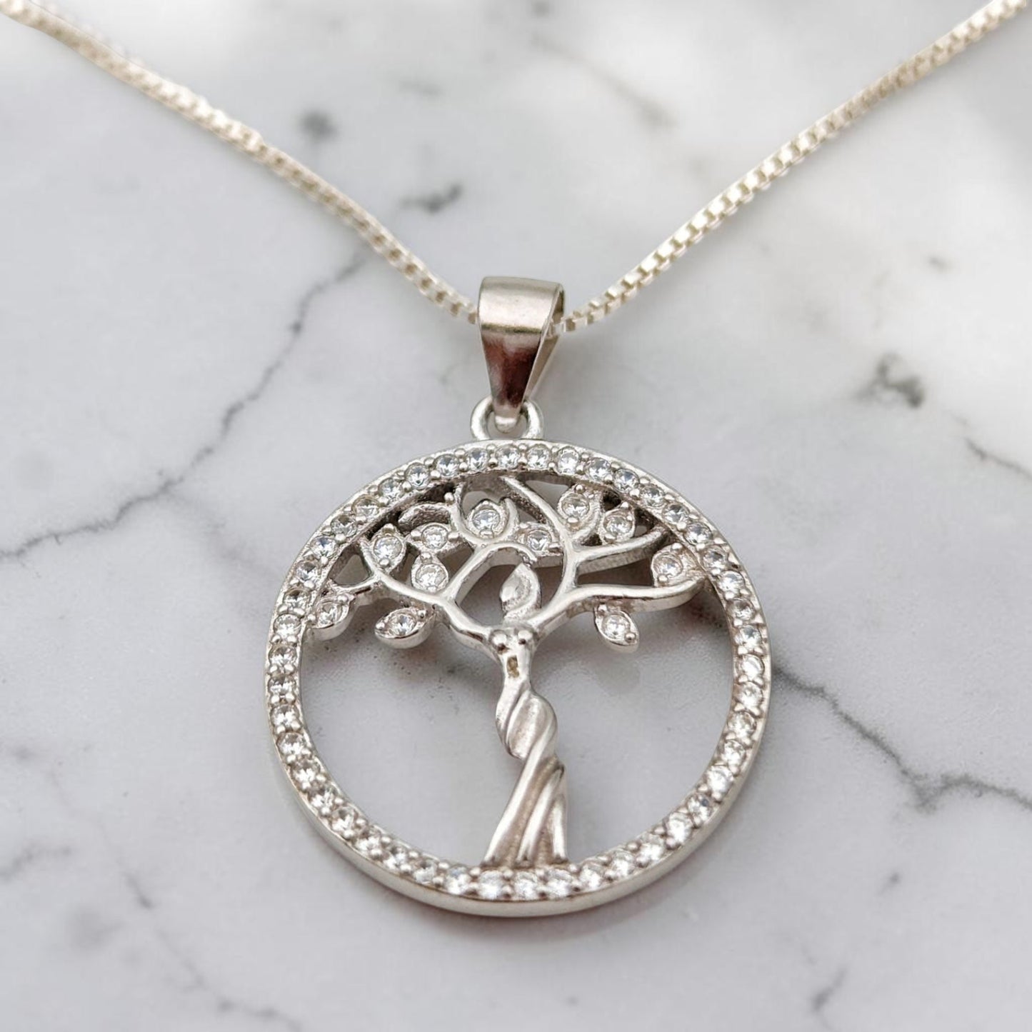 Sterling Silver Tree of Life Necklace with Quartz Crystals