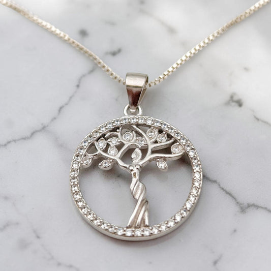 Sterling Silver Tree of Life Necklace with Quartz Crystals