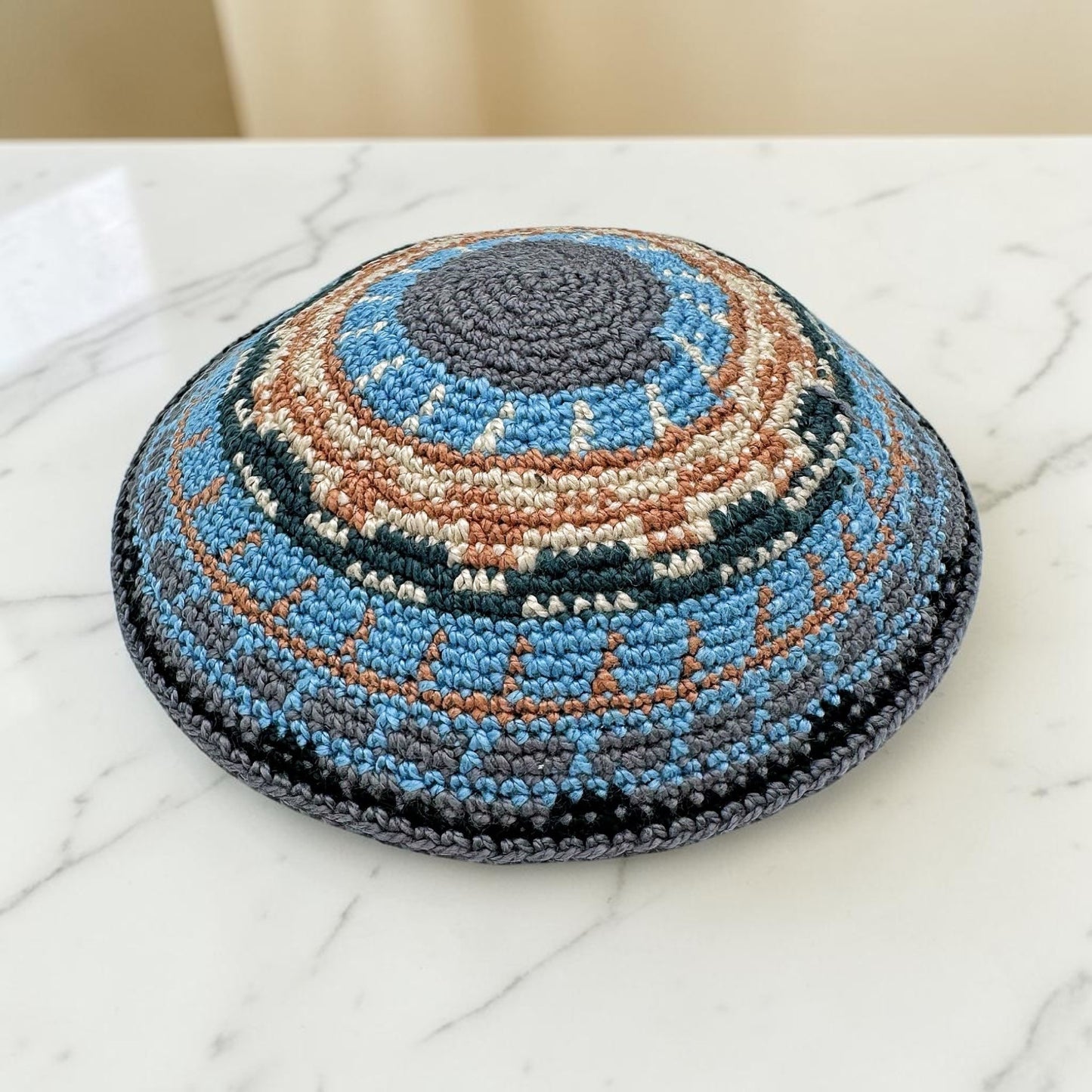 Handmade Cotton Knitted Kippah – Blue, Brown, Gray & Black