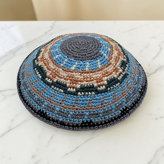 Handmade Cotton Knitted Kippah – Blue, Brown, Gray & Black