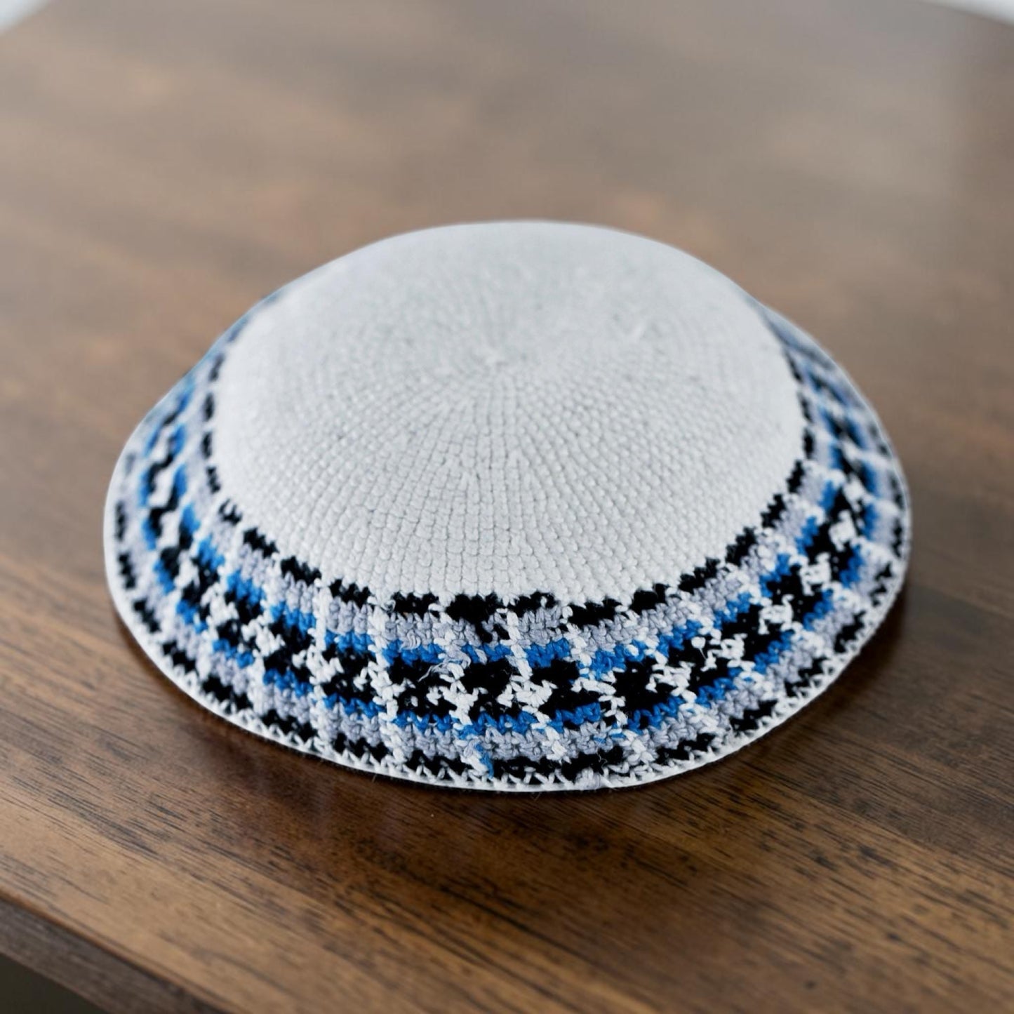 Handmade White & Blue Cotton Knitted Kippah