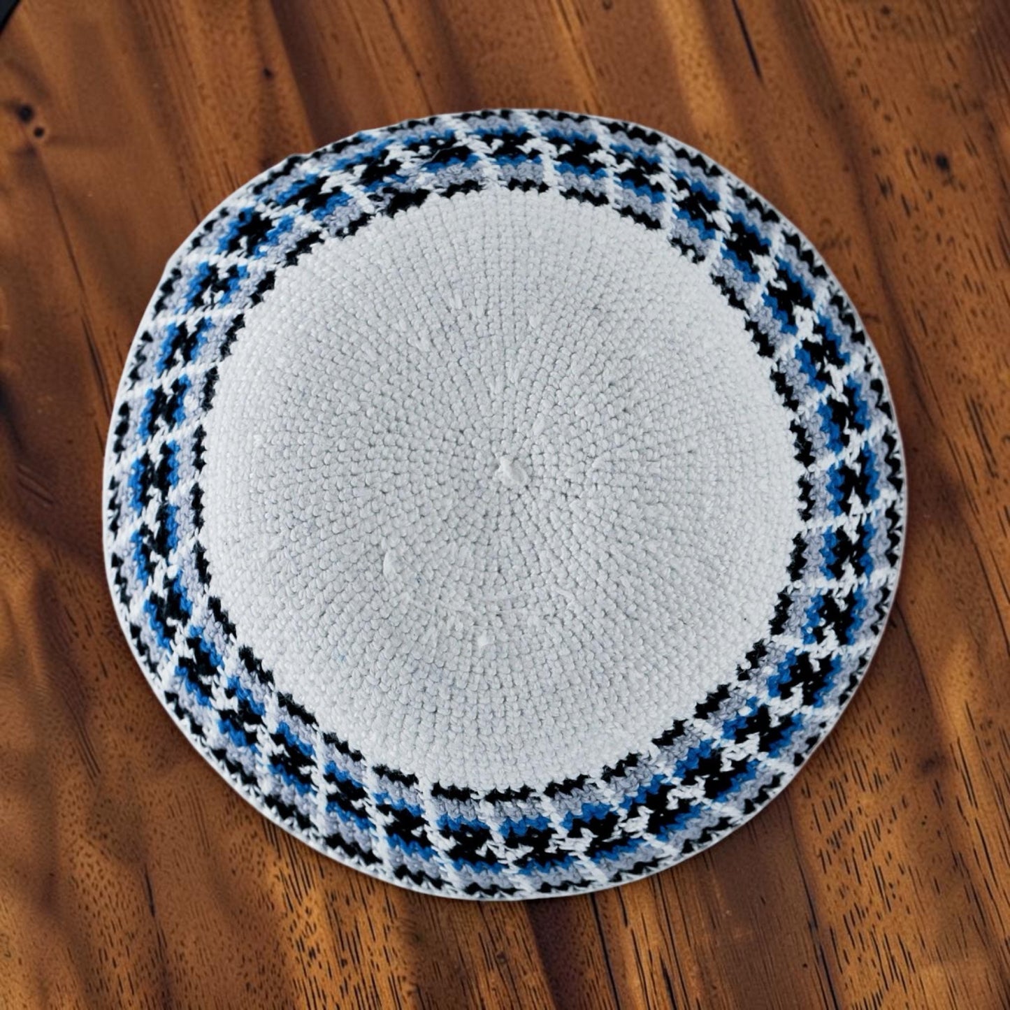 Handmade White & Blue Cotton Knitted Kippah