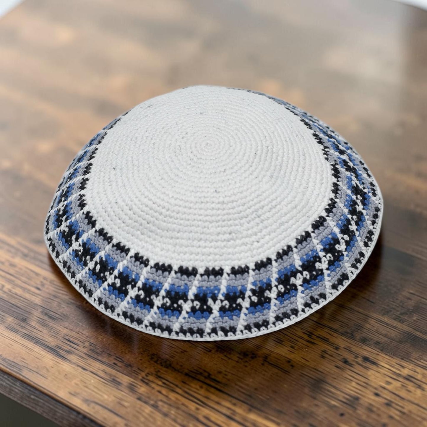 Handmade White & Blue Cotton Knitted Kippah
