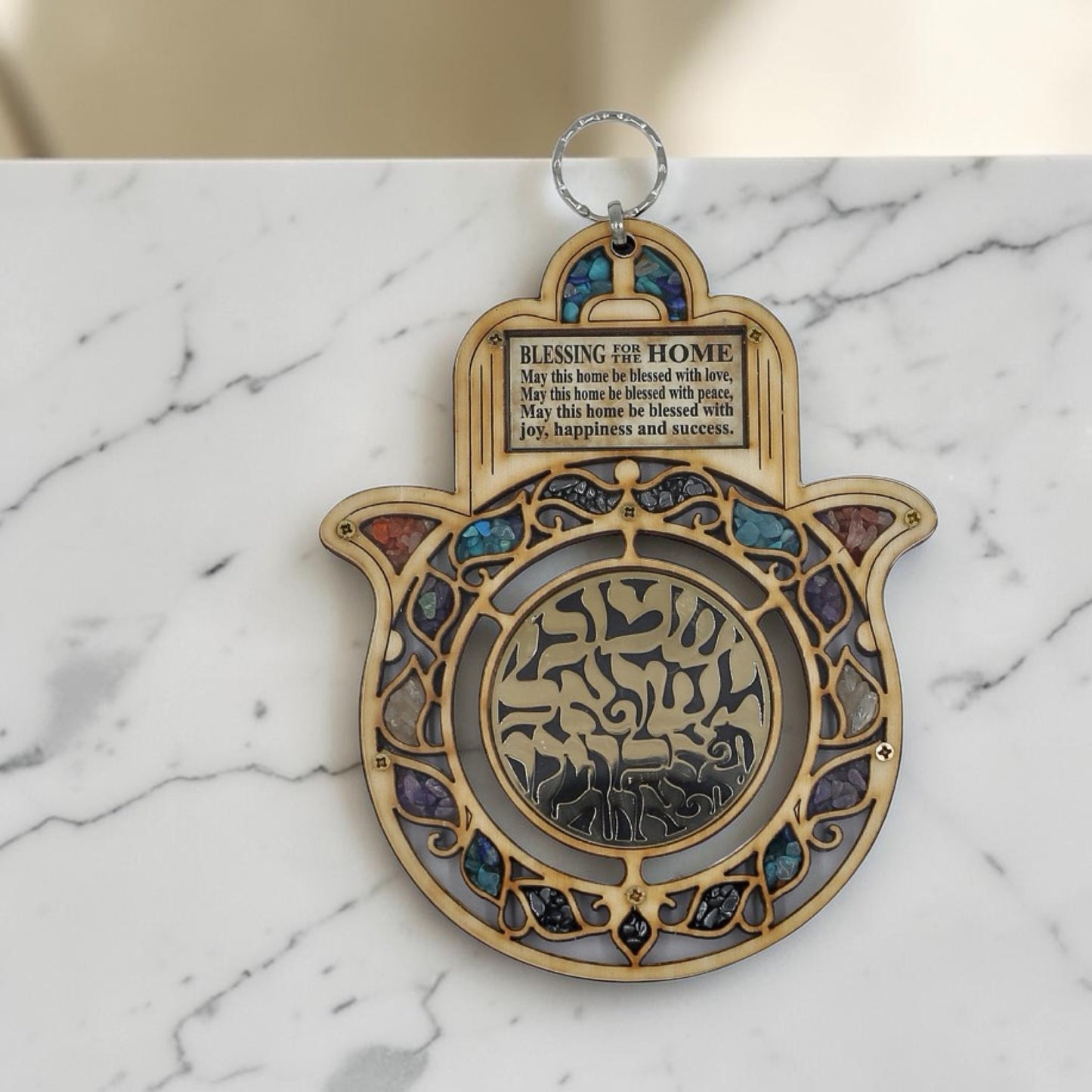 Wood Hamsa Home Blessing Wall Art with Gemstones