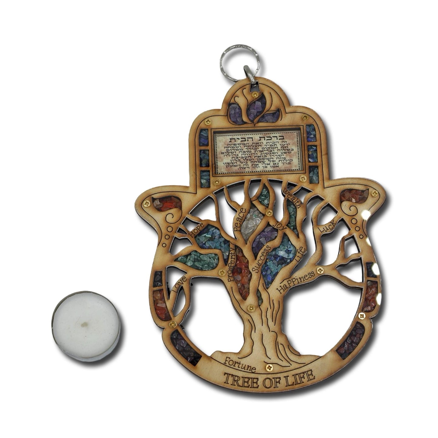 Wood Tree Of Life Hamsa  with gemstones