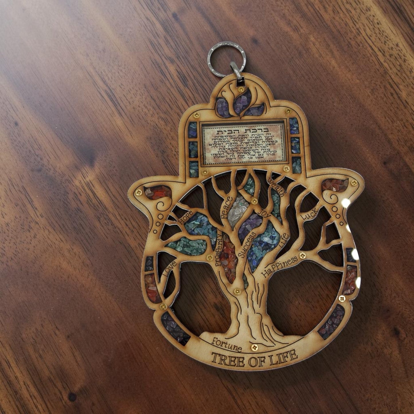 Wood Tree of Life Hamsa with Gemstones