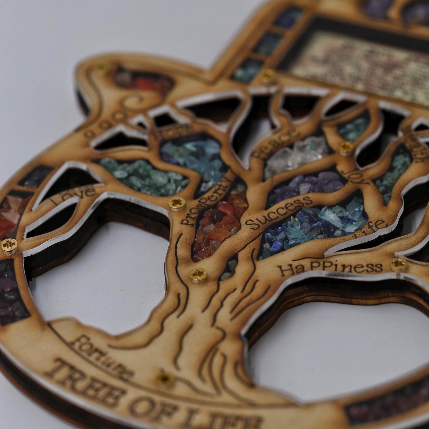 Wood Tree Of Life Hamsa  with gemstones
