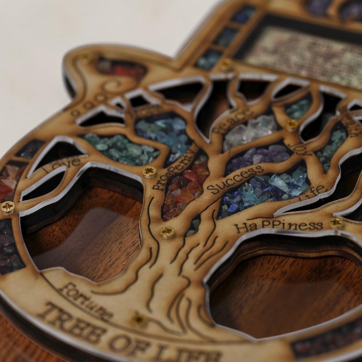 Wood Tree of Life Hamsa with Gemstones